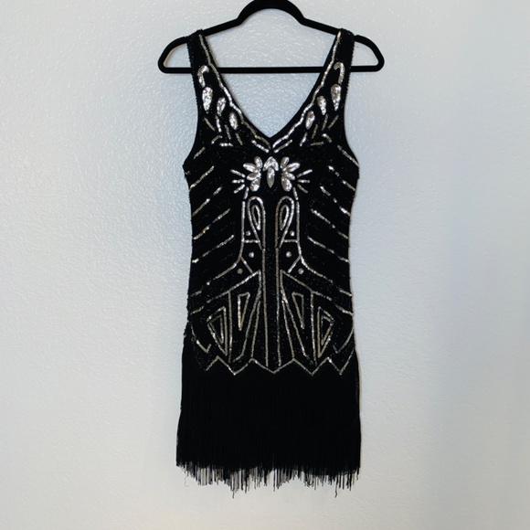 Babeyond Black Dress Flapper Fringe Silver Sequins Small 1920's Gatsby Bling - Picture 12 of 14